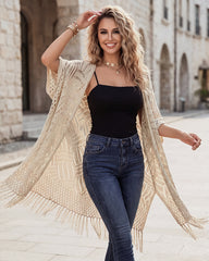 Open-Front Crochet Tassel Kimono Cardigan