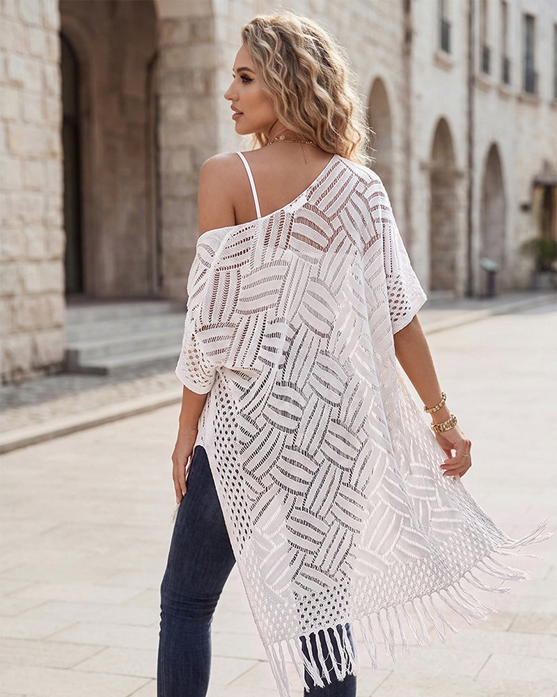 Open-Front Crochet Tassel Kimono Cardigan