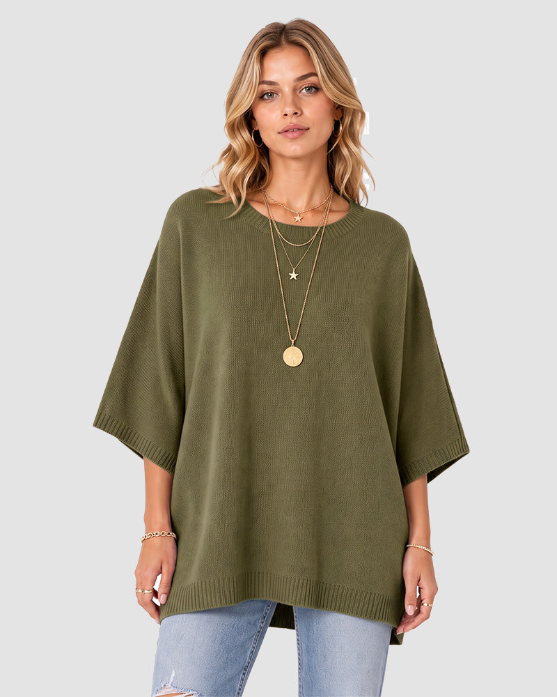Oversized Crewneck Batwing-Sleeve Knit Sweater