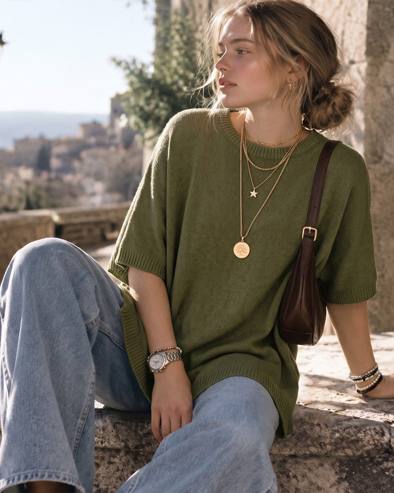 Oversized Crewneck Batwing-Sleeve Knit Sweater