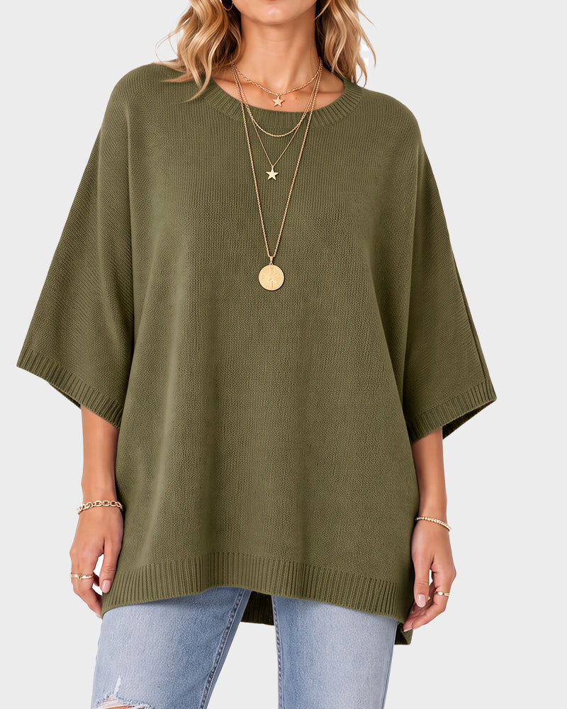 Oversized Crewneck Batwing-Sleeve Knit Sweater