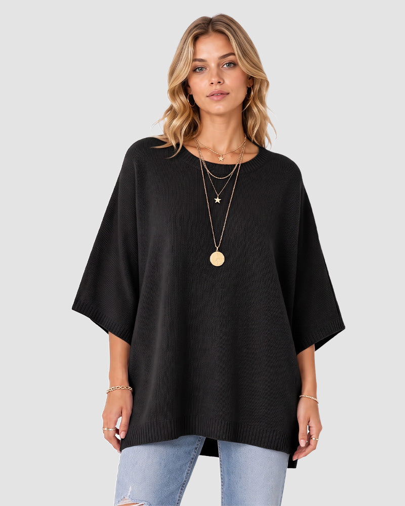 Oversized Crewneck Batwing-Sleeve Knit Sweater