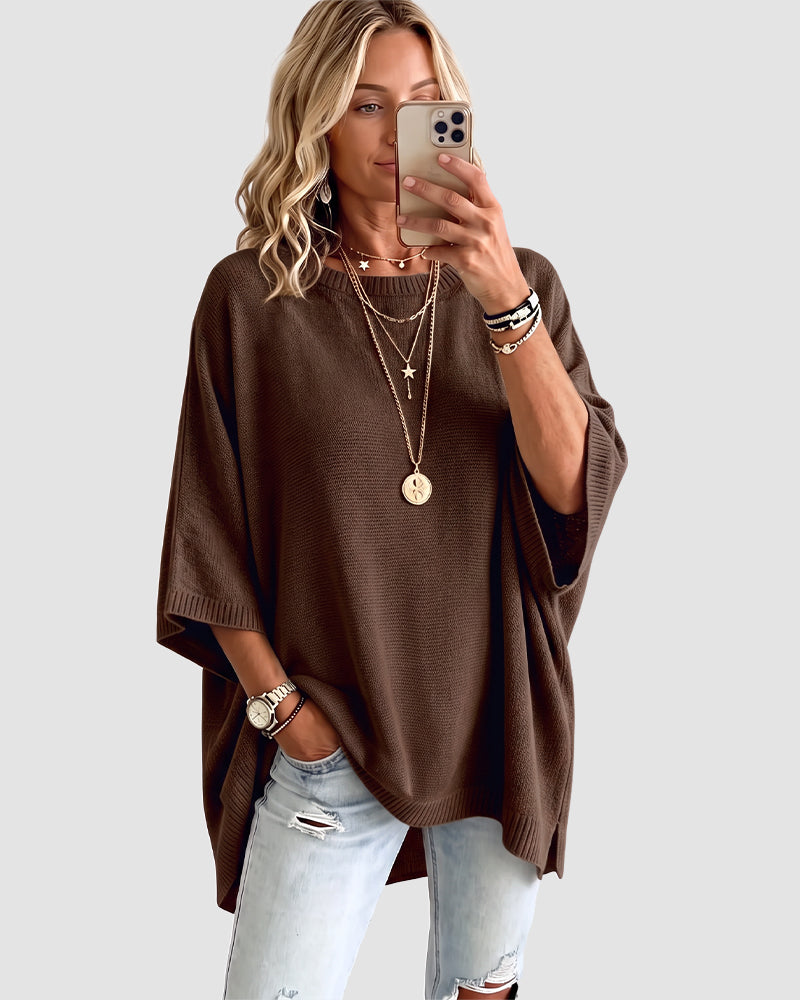Oversized Crewneck Batwing-Sleeve Knit Sweater