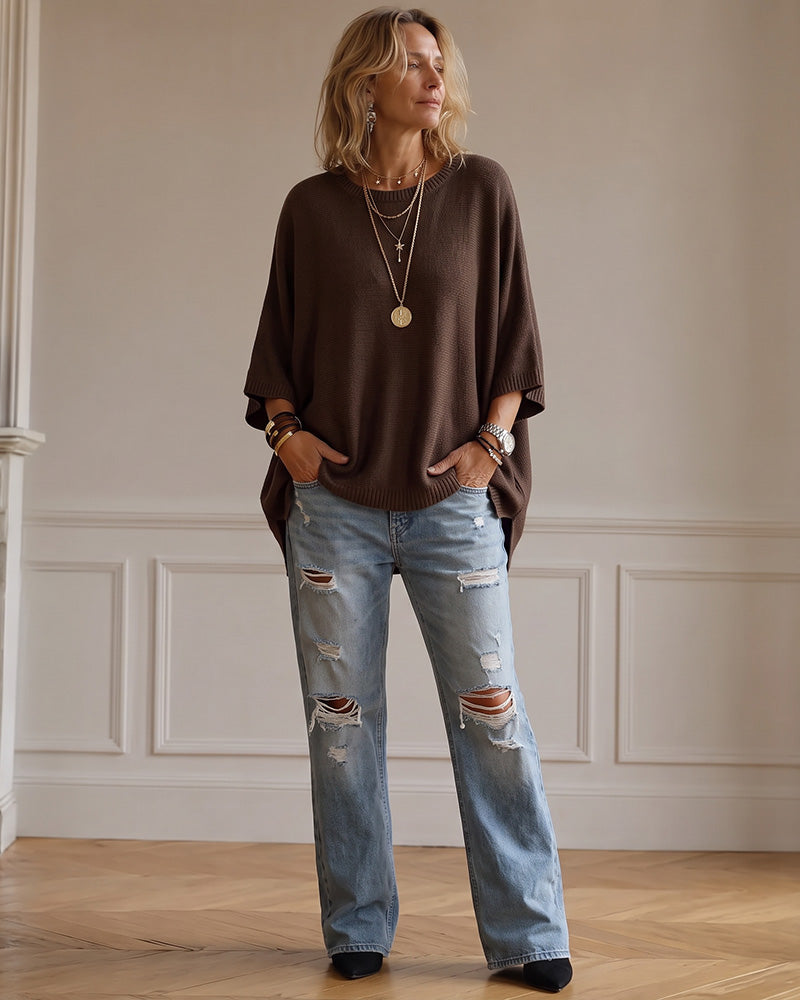 Oversized Crewneck Batwing-Sleeve Knit Sweater