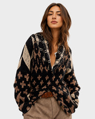 Oversized Graphic Button-Down Knit Cardigan