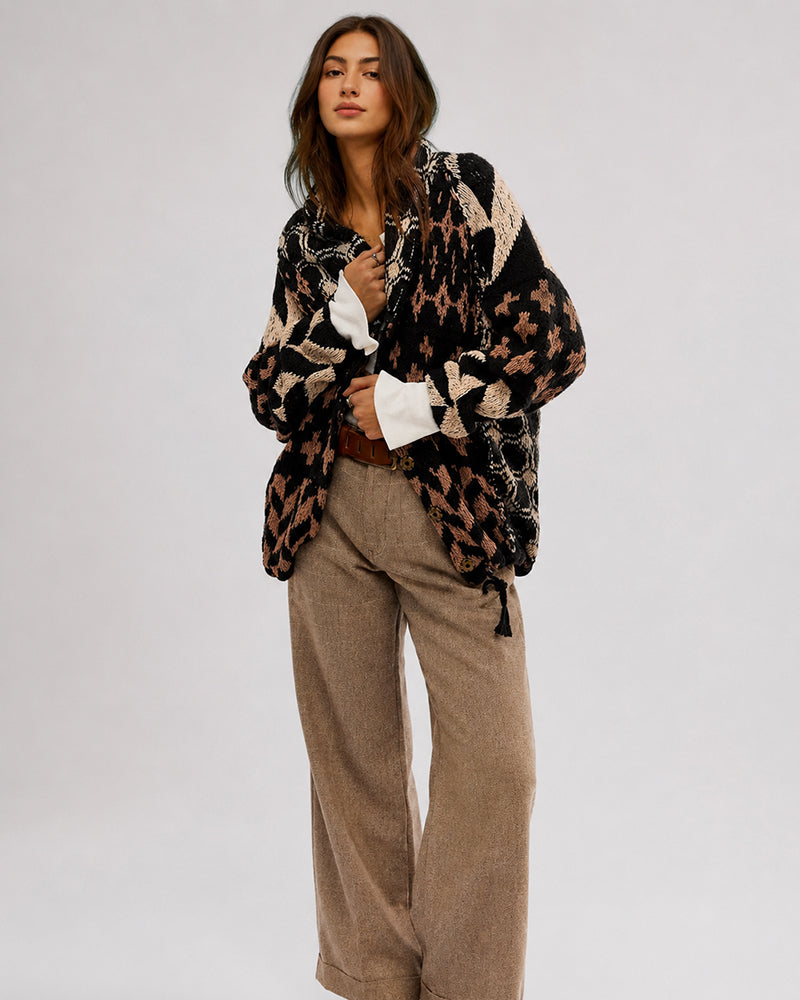 Oversized Graphic Button-Down Knit Cardigan