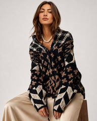 Oversized Graphic Button-Down Knit Cardigan