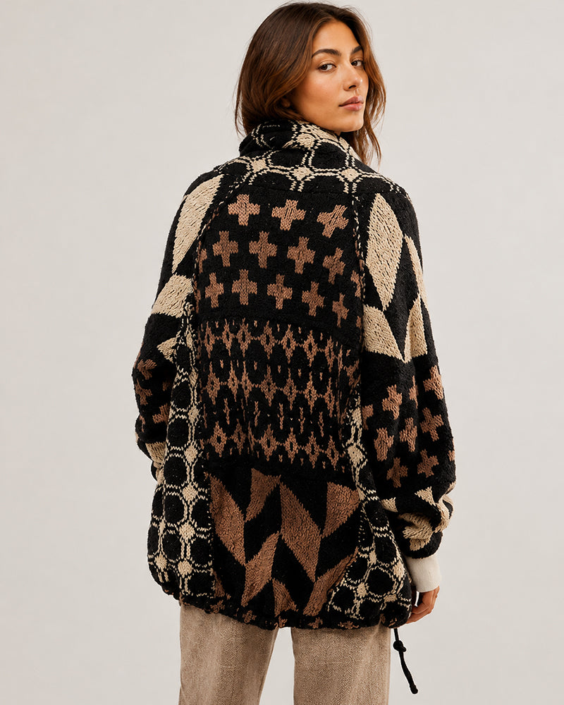 Oversized Graphic Button-Down Knit Cardigan