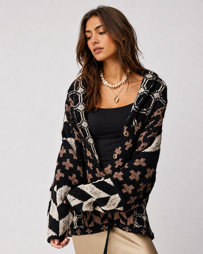 Oversized Graphic Button-Down Knit Cardigan