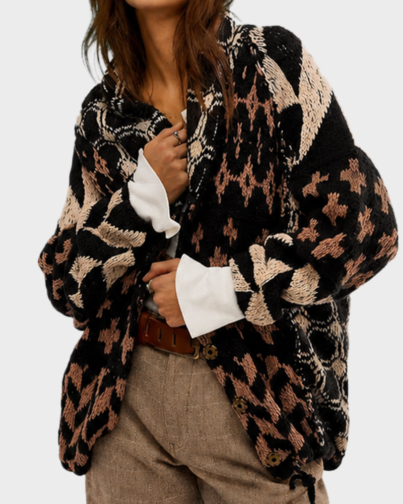 Oversized Graphic Button-Down Knit Cardigan