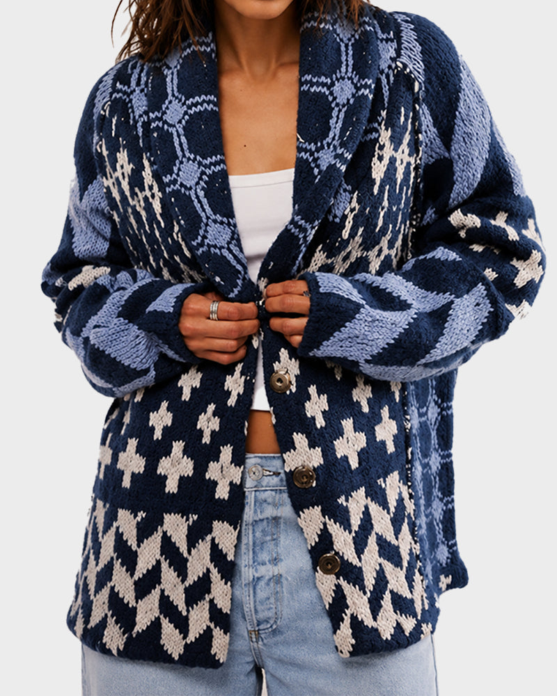 Oversized Graphic Button-Down Knit Cardigan