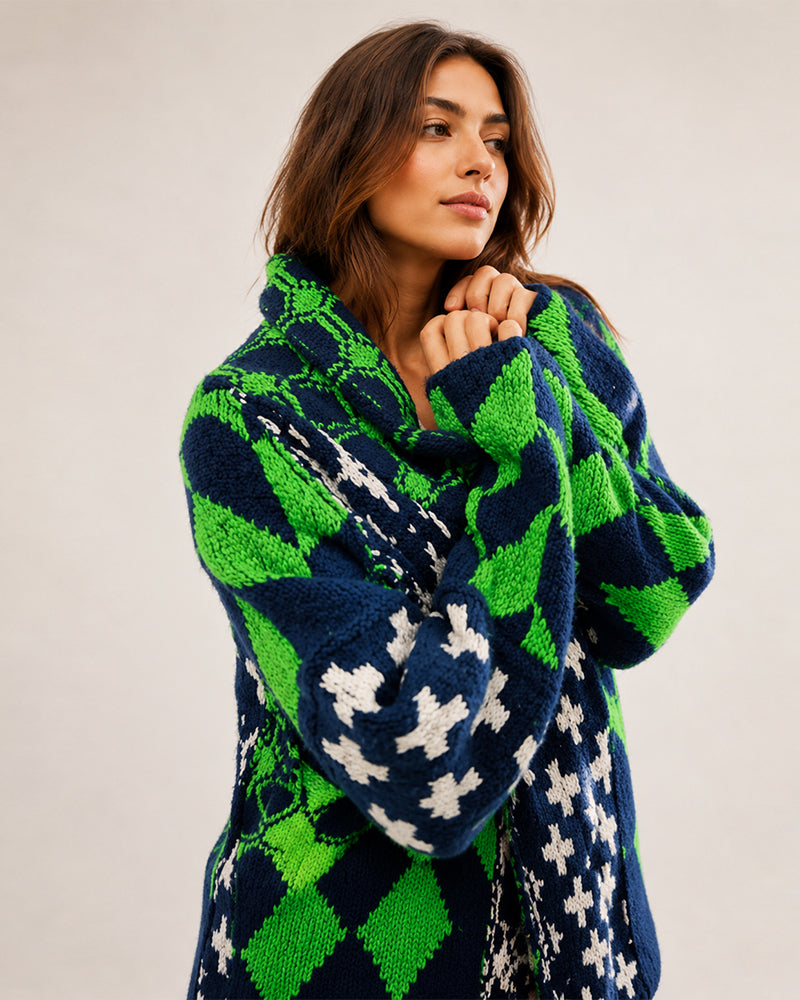 Oversized Graphic Button-Down Knit Cardigan