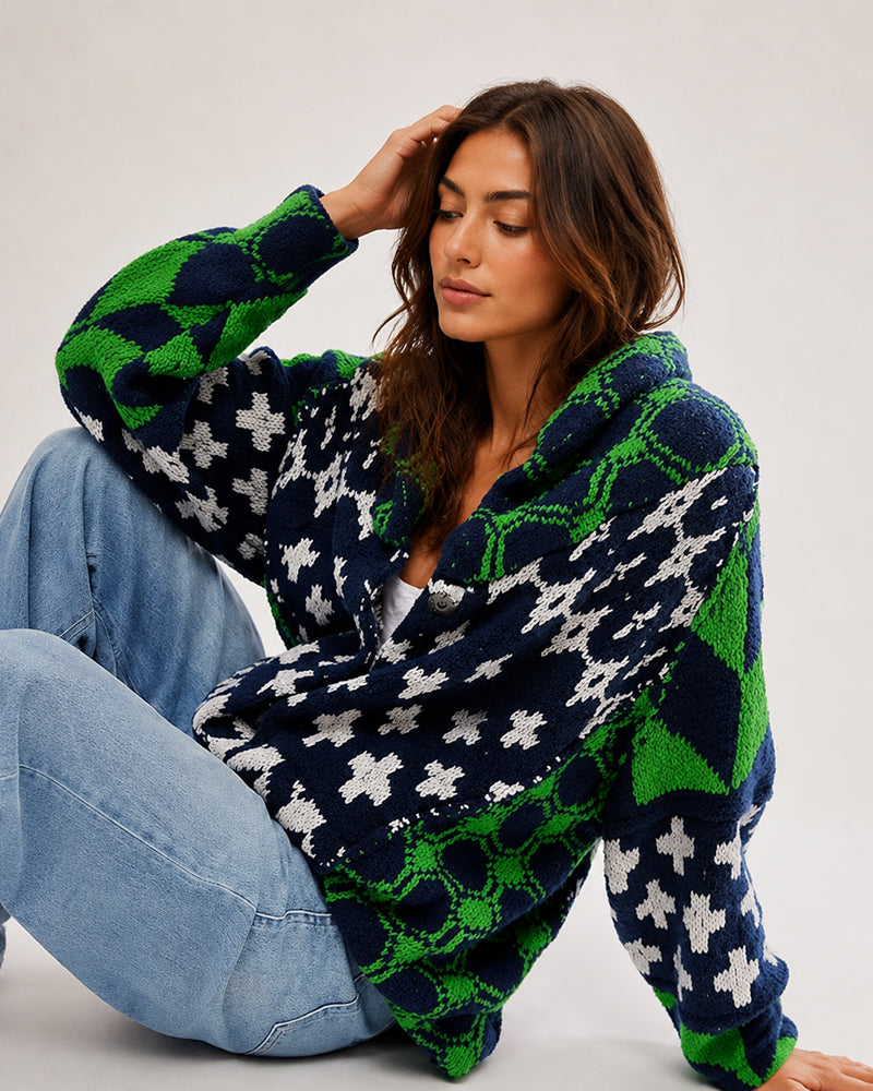 Oversized Graphic Button-Down Knit Cardigan