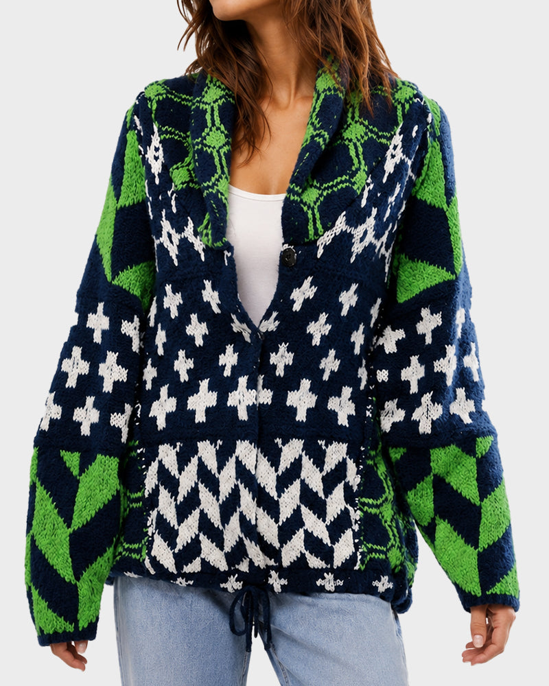 Oversized Graphic Button-Down Knit Cardigan
