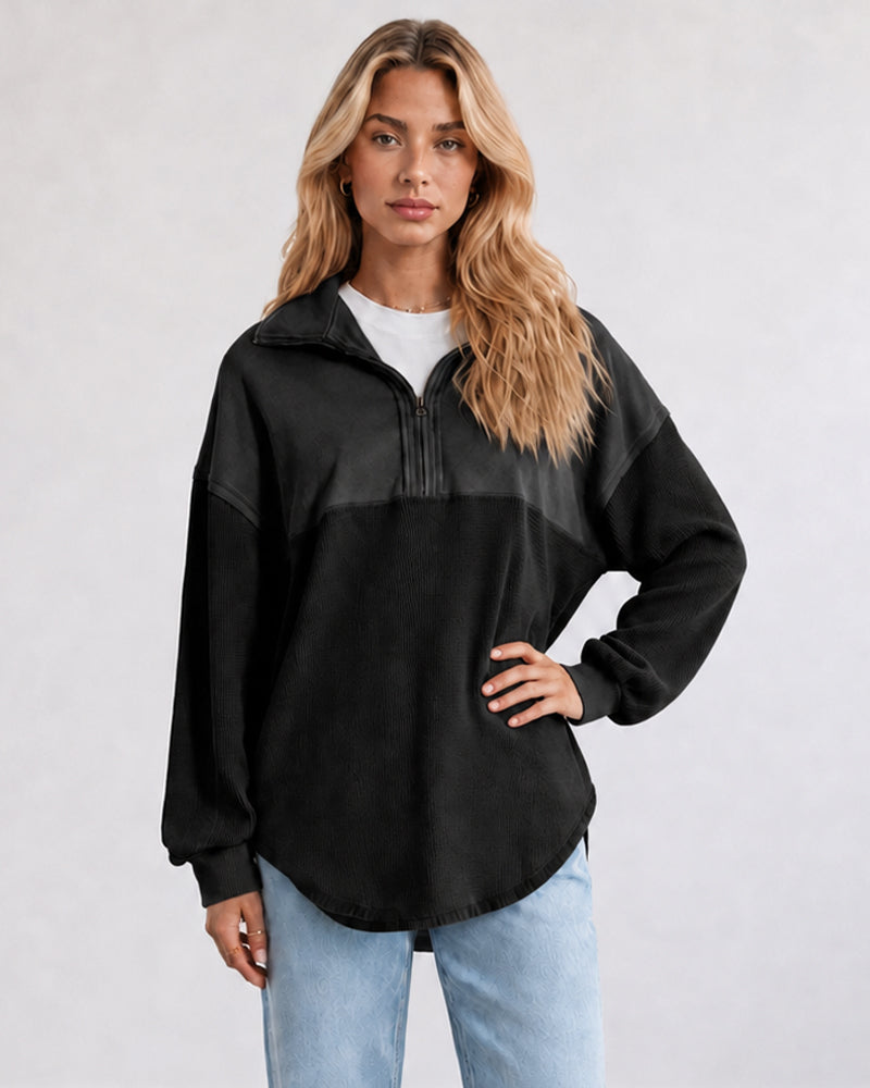 Oversized Half-Zip Waffle-Knit Pullover