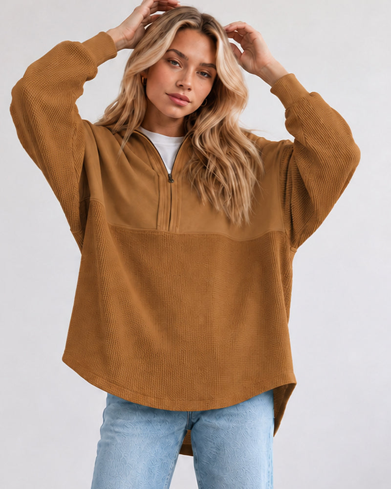 Oversized Half-Zip Waffle-Knit Pullover