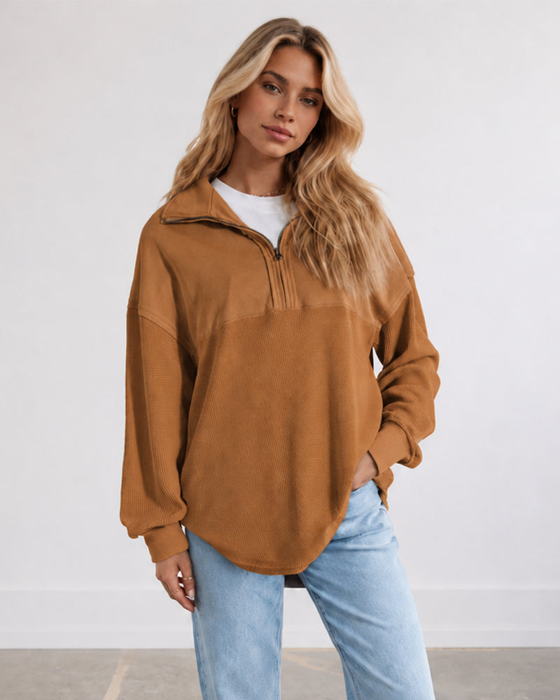 Oversized Half-Zip Waffle-Knit Pullover