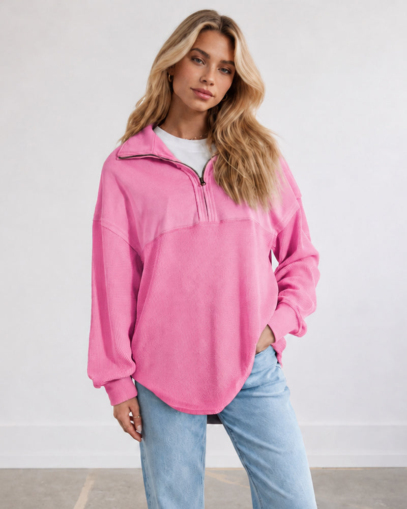 Oversized Half-Zip Waffle-Knit Pullover