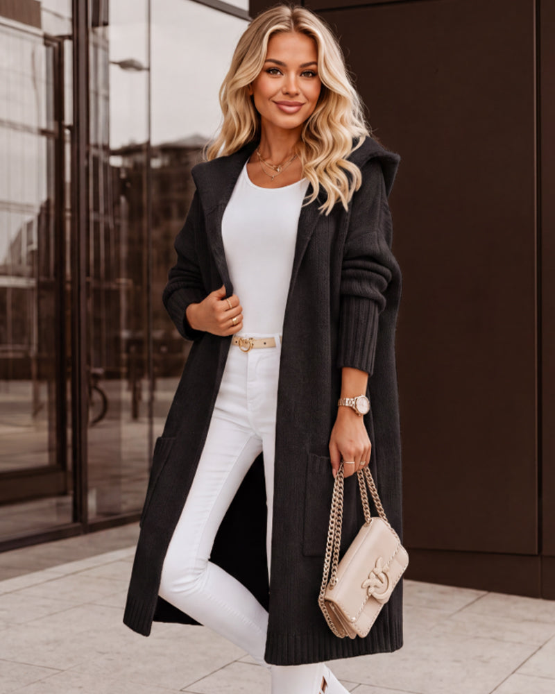 Oversized Hooded Longline Knit Cardigan with Pockets
