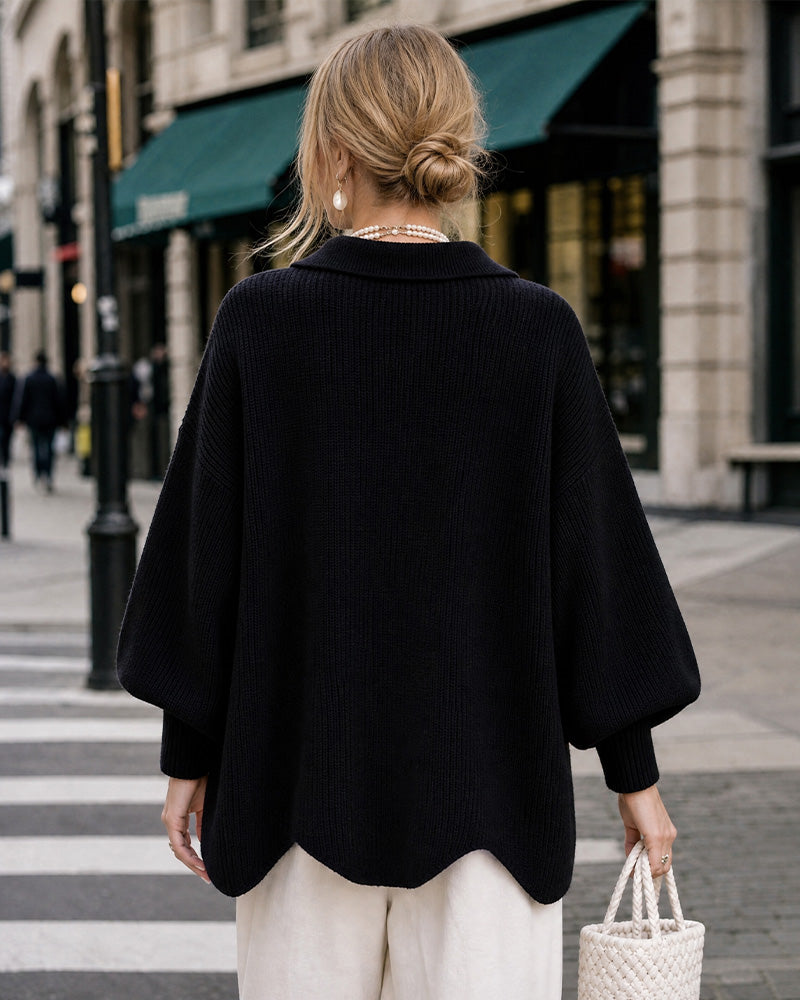 Oversized Ribbed Knit Cardigan with Gold-Tone Buttons