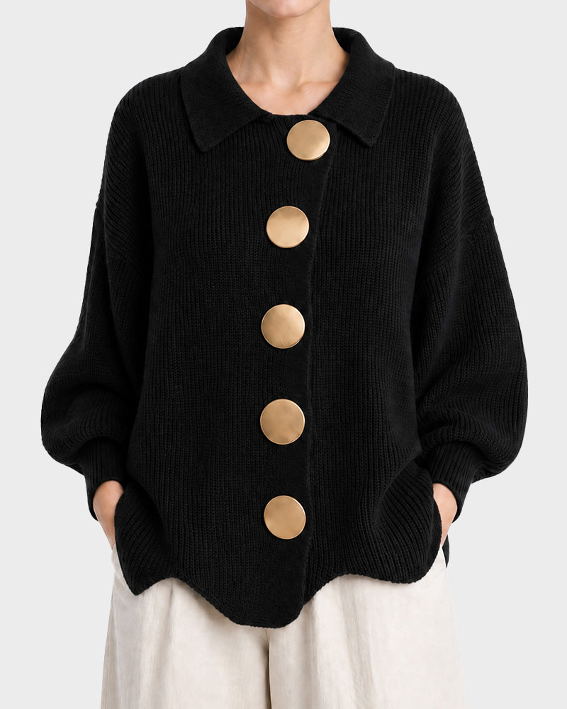 Oversized Ribbed Knit Cardigan with Gold-Tone Buttons