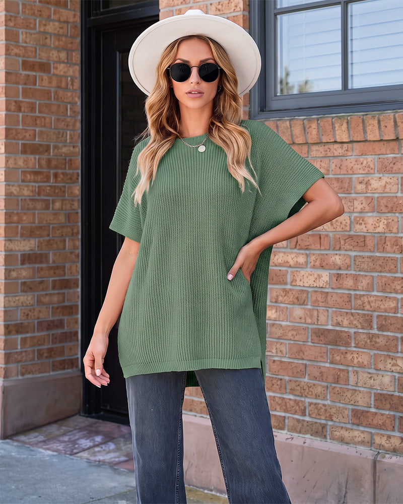 Oversized Ribbed Knit Side-Slit Sweater Top