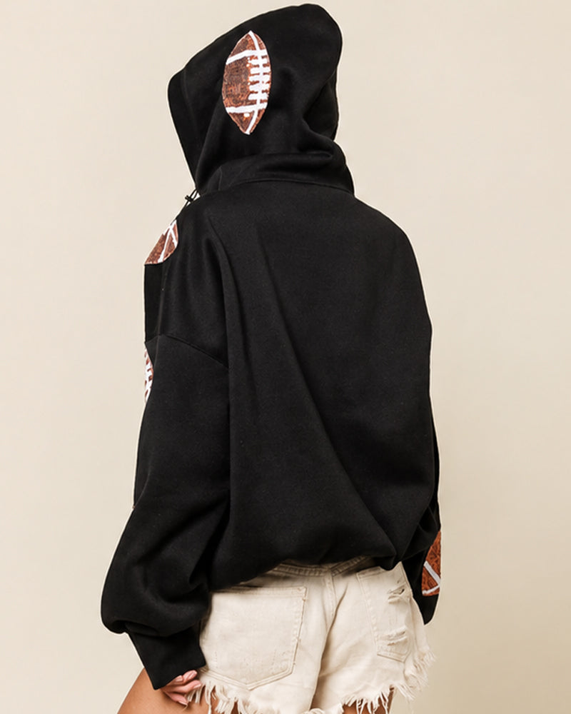 Oversized Sequin Football Half-Zip Game Day Hoodie