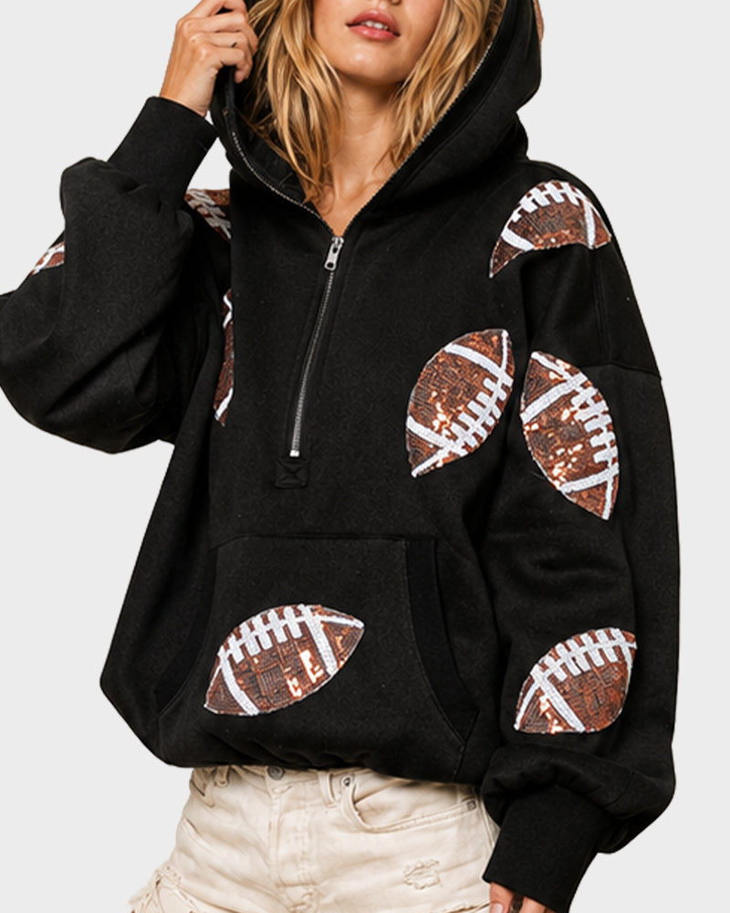 Oversized Sequin Football Half-Zip Game Day Hoodie