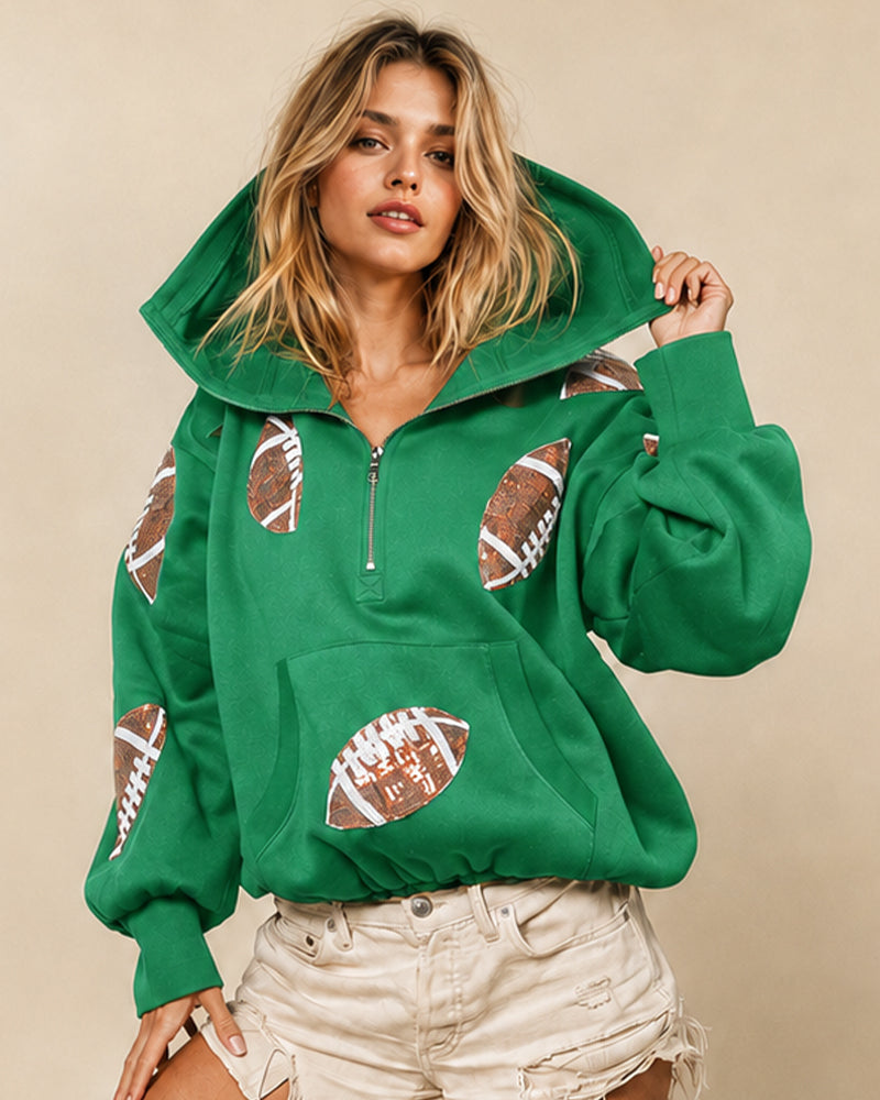 Oversized Sequin Football Half-Zip Game Day Hoodie
