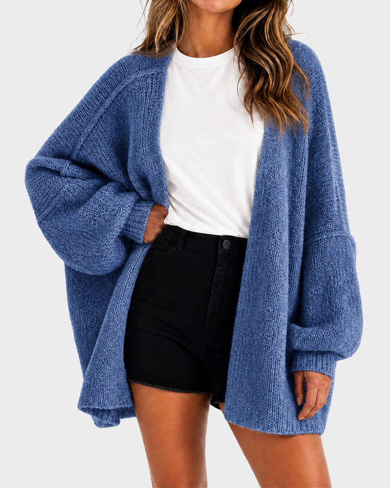 Oversized Lantern-Sleeve Open-Front Knit Cardigan