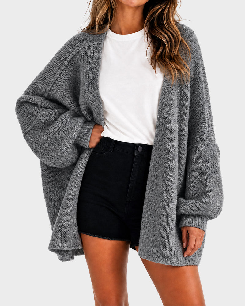 Oversized Lantern-Sleeve Open-Front Knit Cardigan