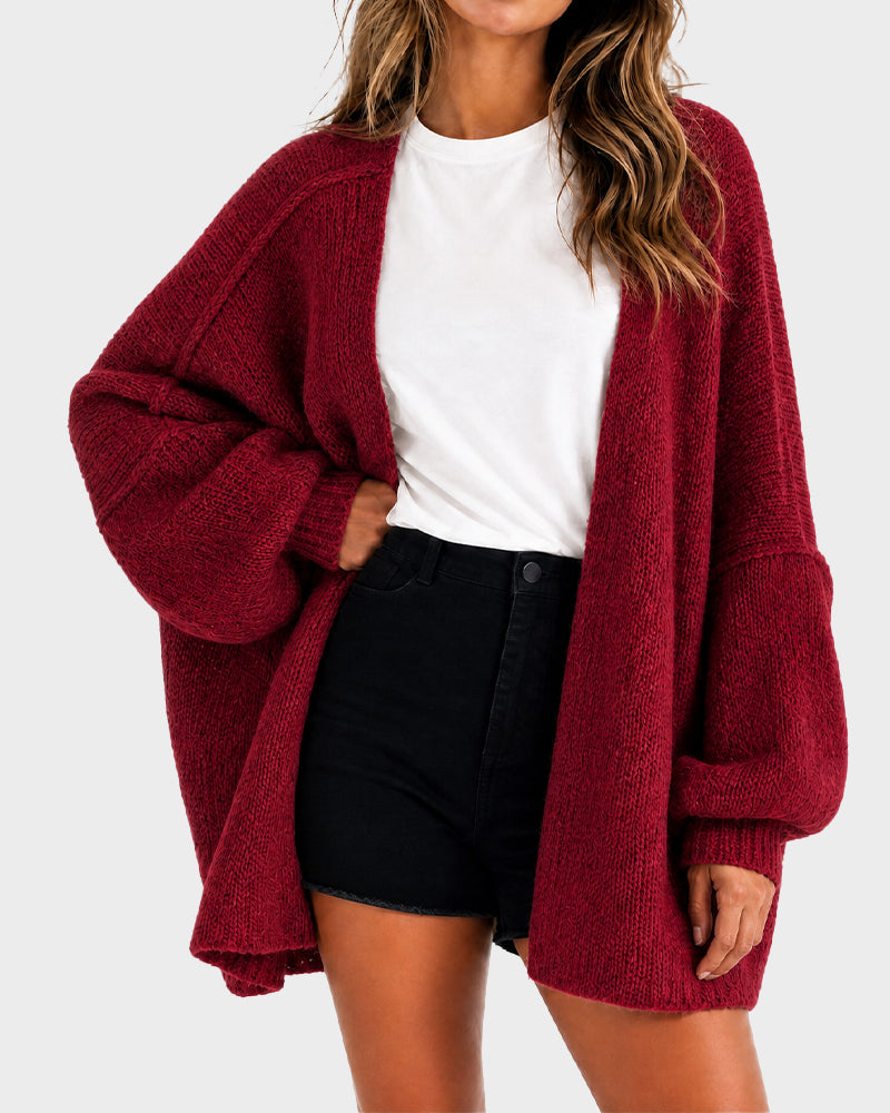 Oversized Lantern-Sleeve Open-Front Knit Cardigan