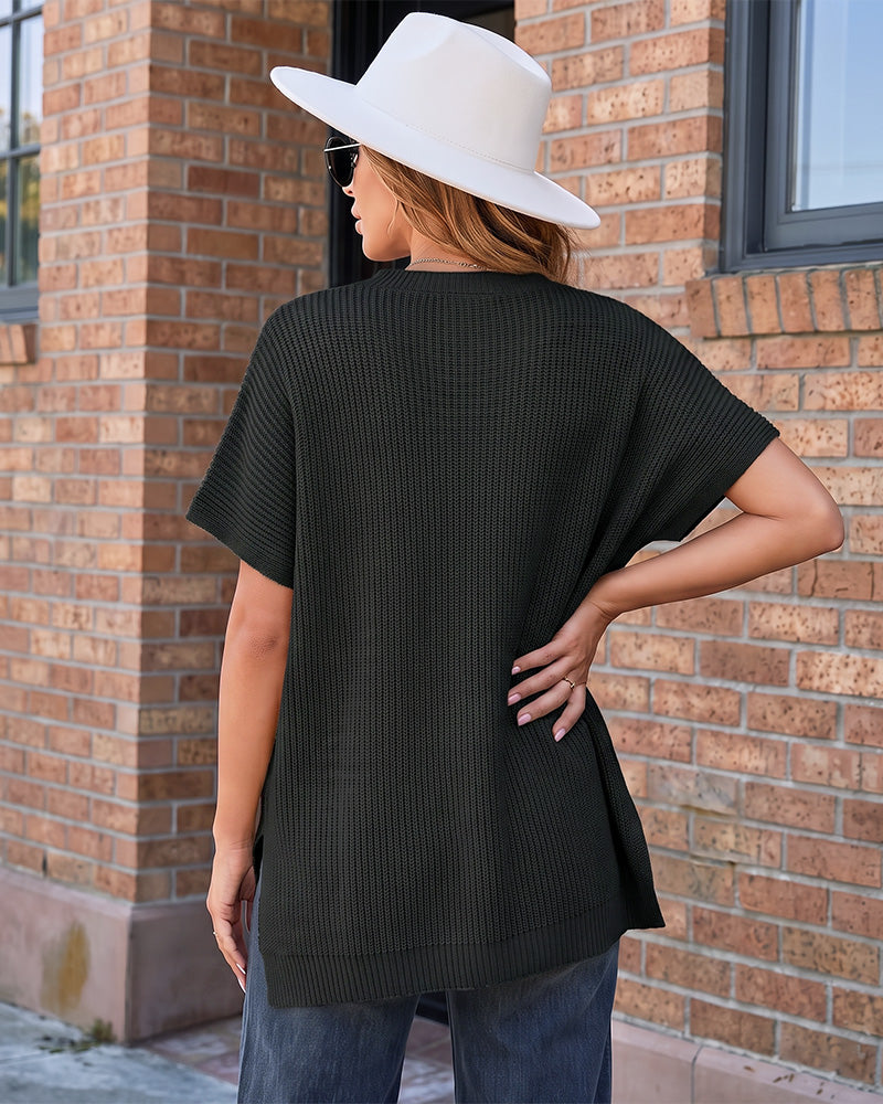 Oversized Ribbed Knit Side-Slit Sweater Top