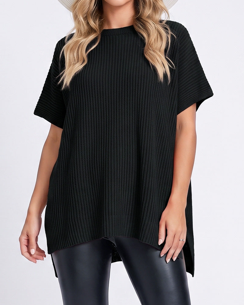 Oversized Ribbed Knit Side-Slit Sweater Top