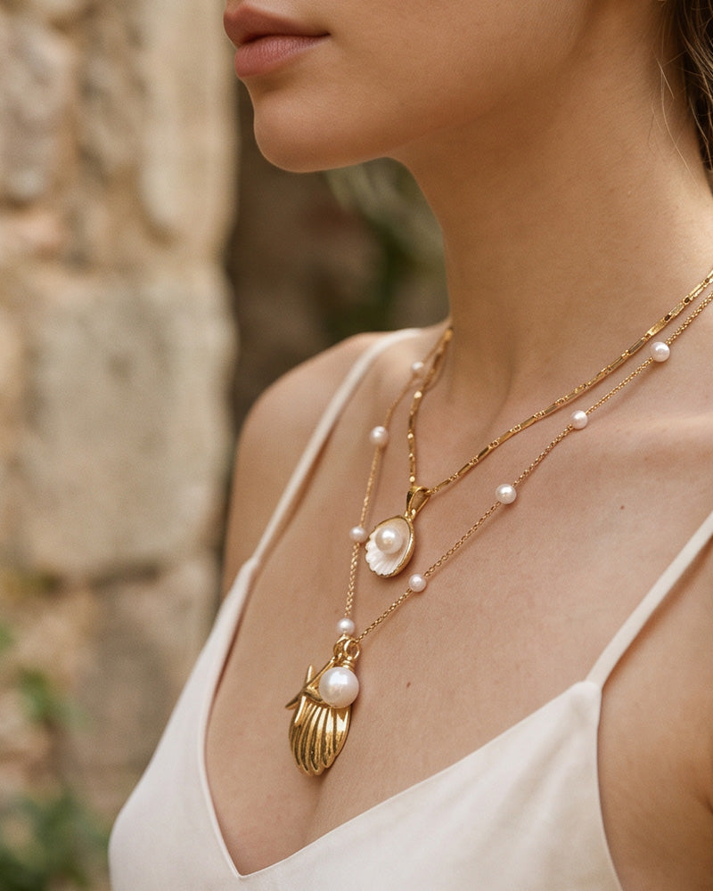 Pearl & Ocean Charm Stackable Necklace