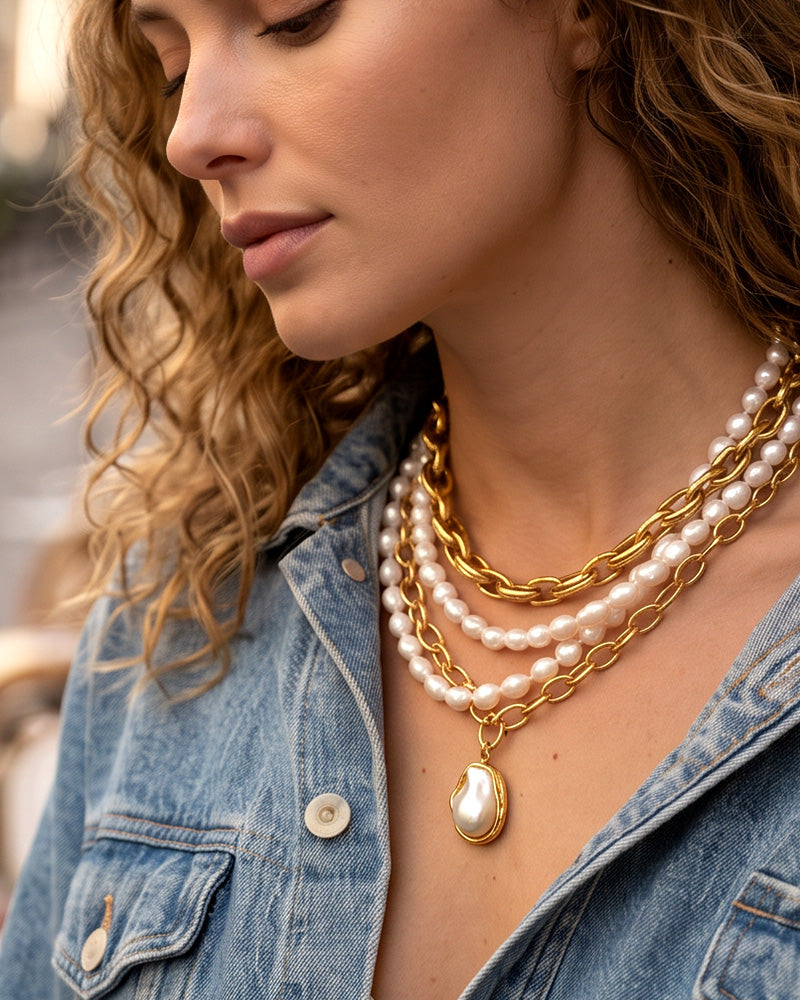 Pearl & Ocean Charm Stackable Necklace