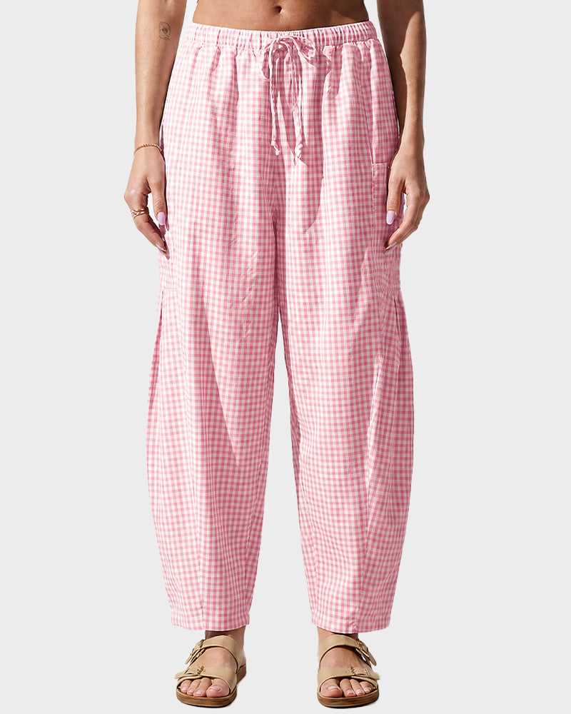 Plaid Wide-Leg Elastic Waist Pants