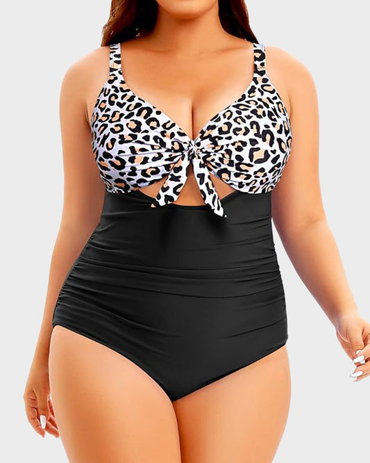 Plus Size Tummy Control One-Piece Swimsuit with Cutout and Tie Front