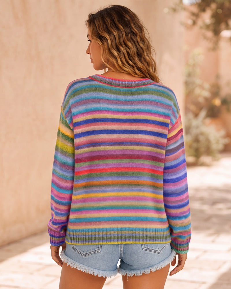 Rainbow-Stripe Button-Front Knit Cardigan