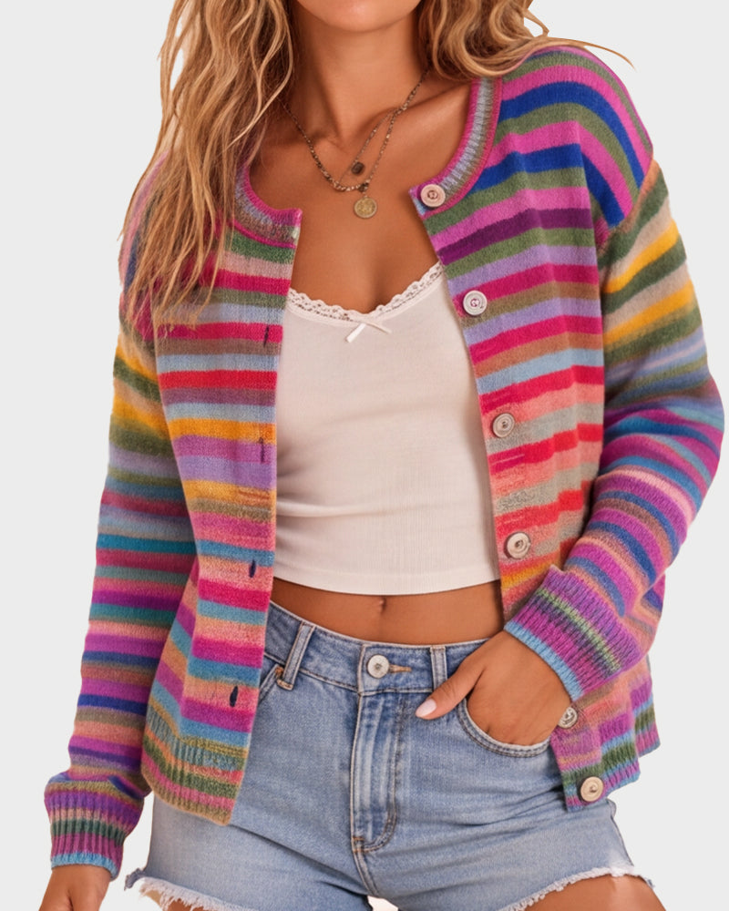 Rainbow-Stripe Button-Front Knit Cardigan