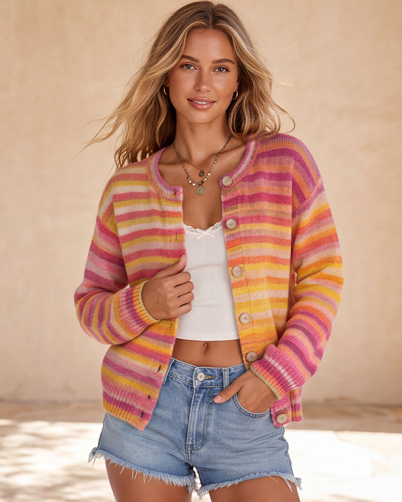Rainbow-Stripe Button-Front Knit Cardigan