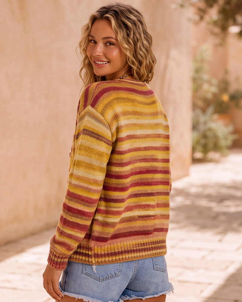 Rainbow-Stripe Button-Front Knit Cardigan
