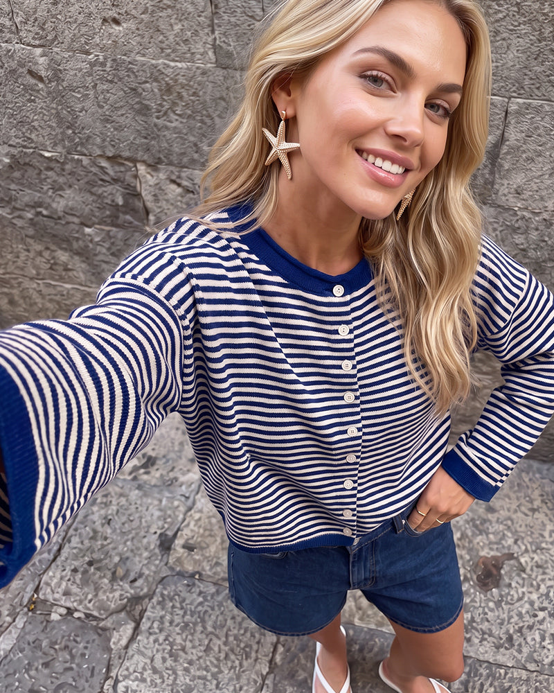 Relaxed Striped Button-Front Knit Cardigan