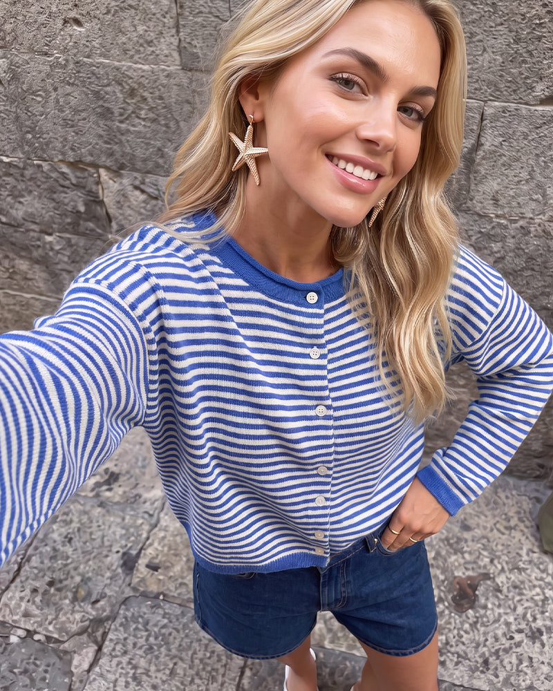 Relaxed Striped Button-Front Knit Cardigan