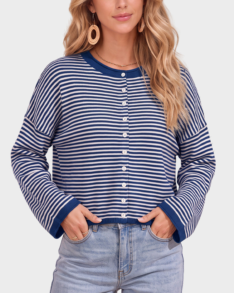 Relaxed Striped Button-Front Knit Cardigan