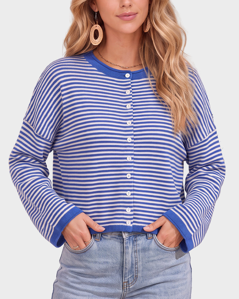 Relaxed Striped Button-Front Knit Cardigan