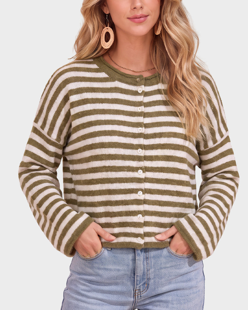 Relaxed Striped Button-Front Knit Cardigan
