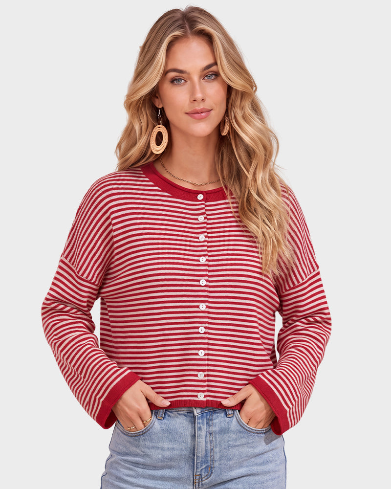 Relaxed Striped Button-Front Knit Cardigan