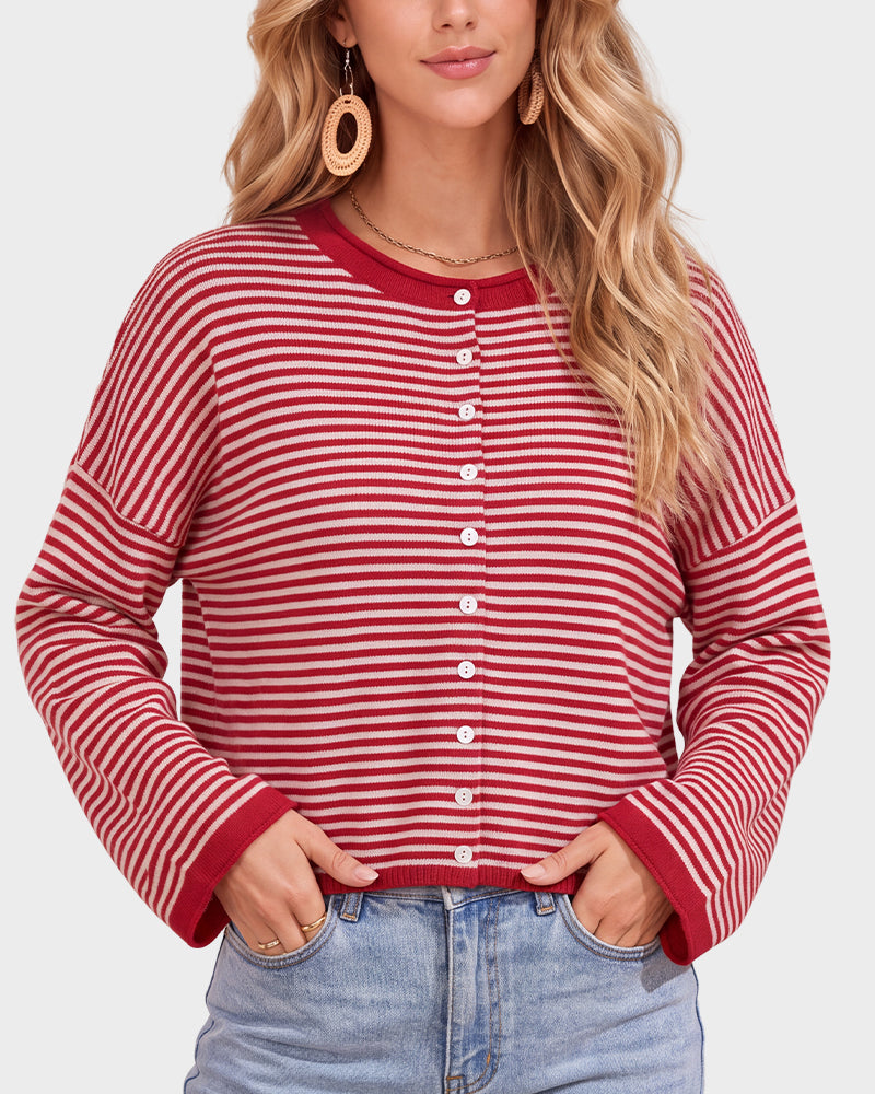 Relaxed Striped Button-Front Knit Cardigan