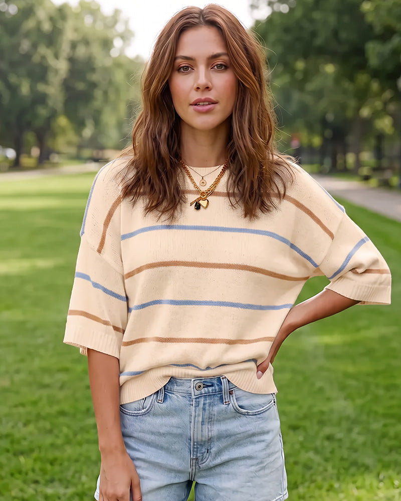 Relaxed Striped Crewneck Short-Sleeve Knit Pullover